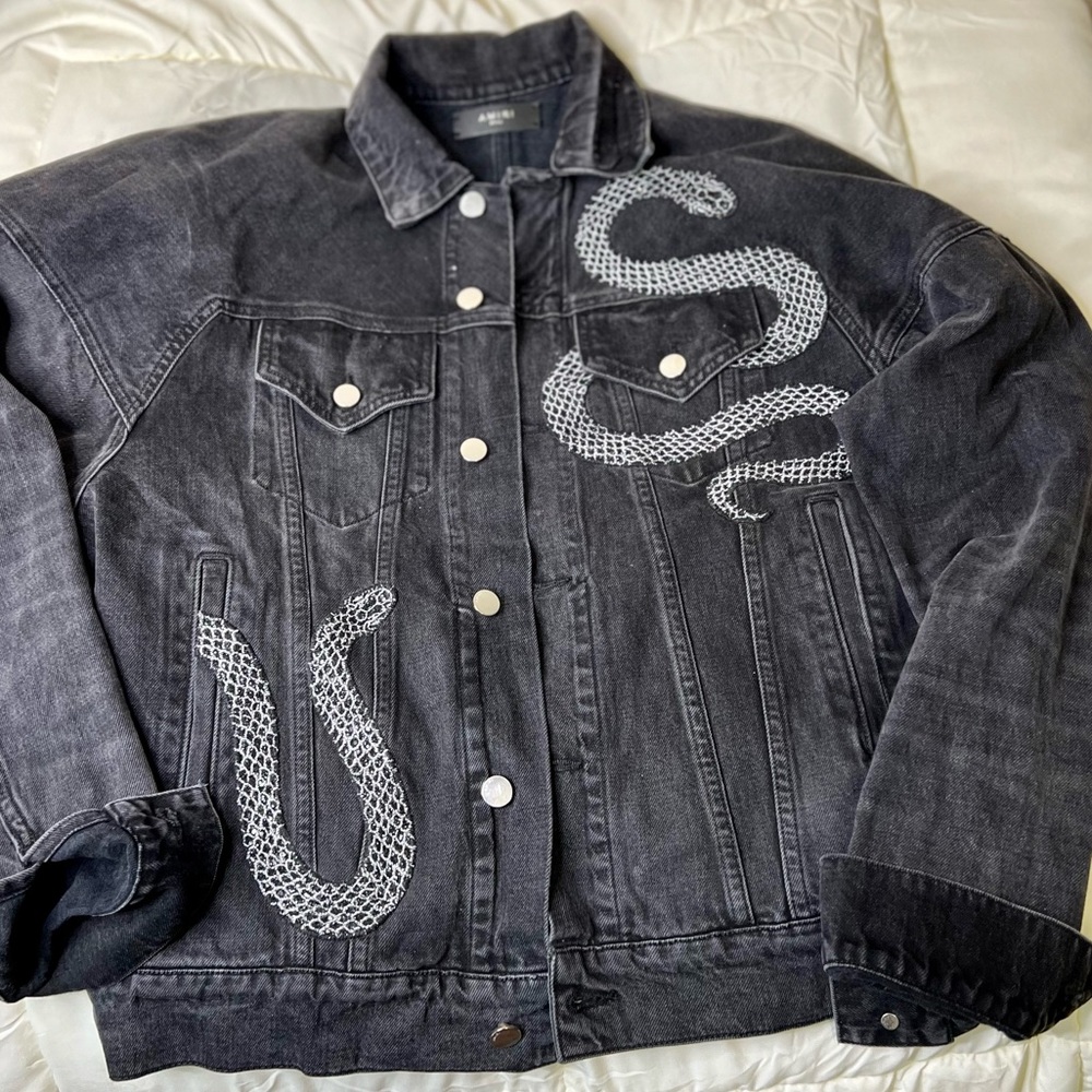 Amiri Embroidered Snake Denim Jacket- Black